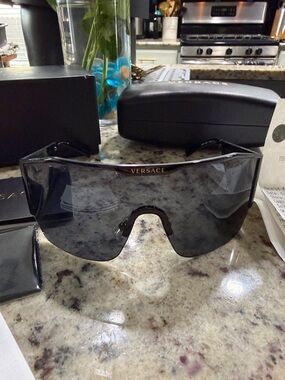 Versace Black Shield Visor Sunglasses with Gold Logo